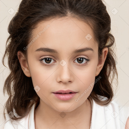 Neutral white child female with long  brown hair and brown eyes