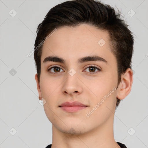 Neutral white young-adult male with short  brown hair and brown eyes