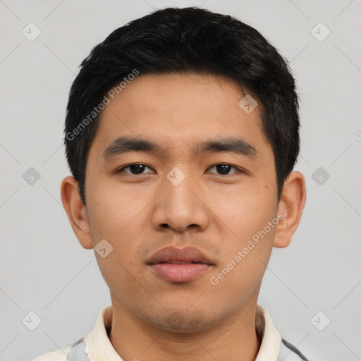 Neutral asian young-adult male with short  black hair and brown eyes