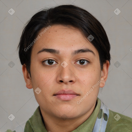 Neutral asian young-adult female with medium  brown hair and brown eyes