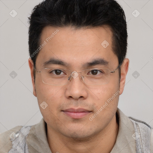 Neutral asian young-adult male with short  brown hair and brown eyes