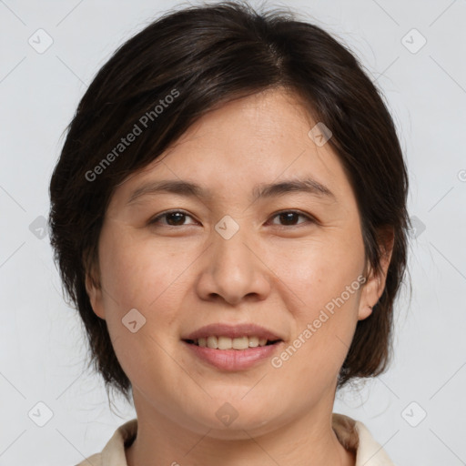 Joyful white adult female with medium  brown hair and brown eyes