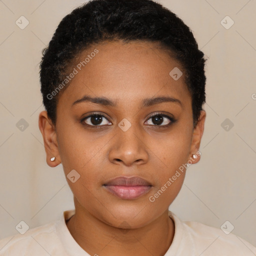 Neutral black young-adult female with short  black hair and brown eyes