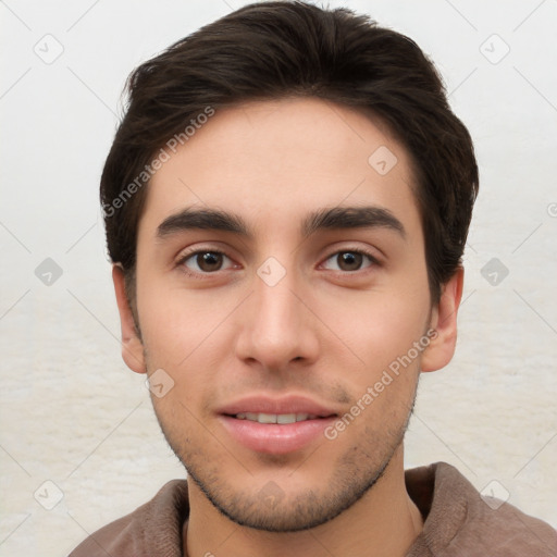 Neutral white young-adult male with short  brown hair and brown eyes