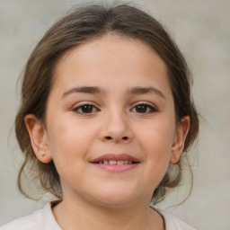 Joyful white child female with medium  brown hair and brown eyes