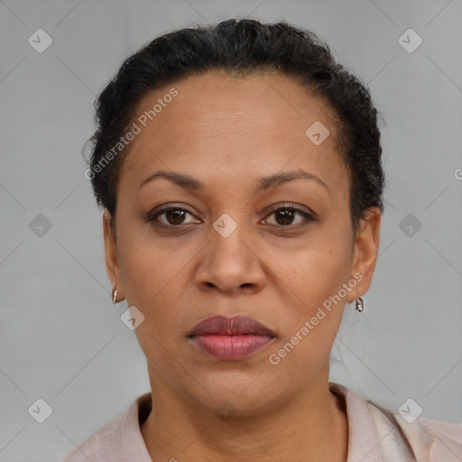 Joyful latino adult female with short  brown hair and brown eyes