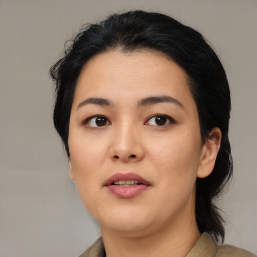 Neutral asian young-adult female with medium  black hair and brown eyes