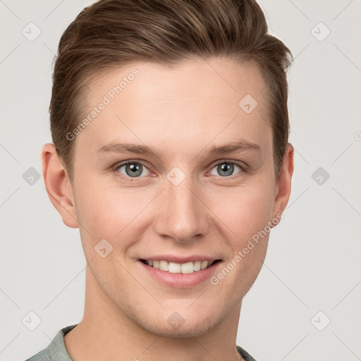 Joyful white young-adult female with short  brown hair and grey eyes