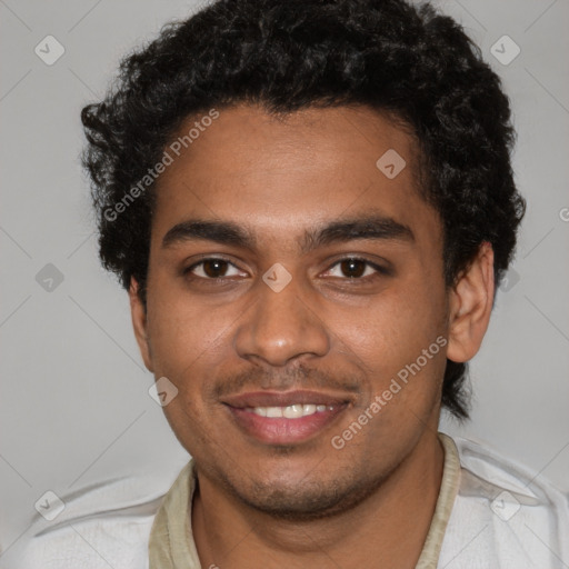 Joyful black young-adult male with short  brown hair and brown eyes