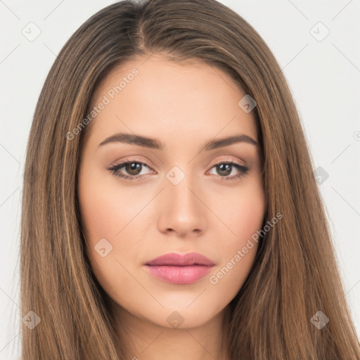 Neutral white young-adult female with long  brown hair and brown eyes