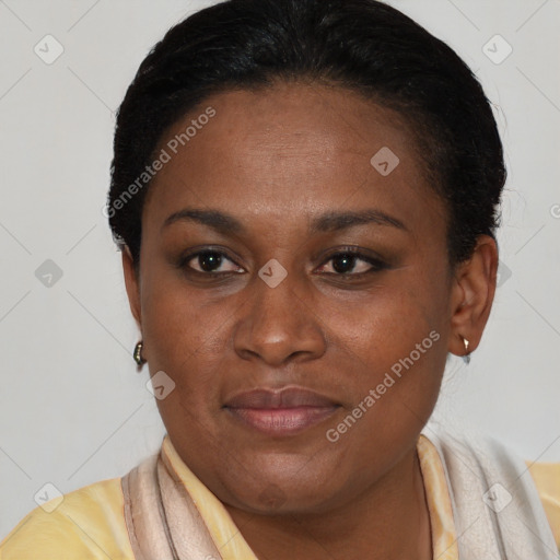 Joyful latino adult female with short  brown hair and brown eyes