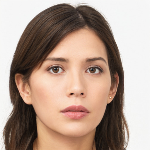 Neutral asian young-adult female with long  brown hair and brown eyes