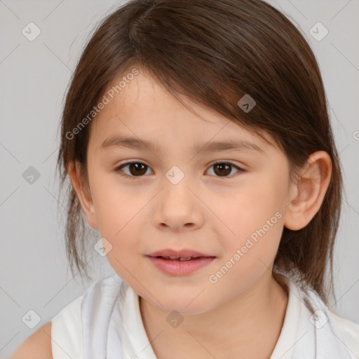 Joyful white child female with medium  brown hair and brown eyes