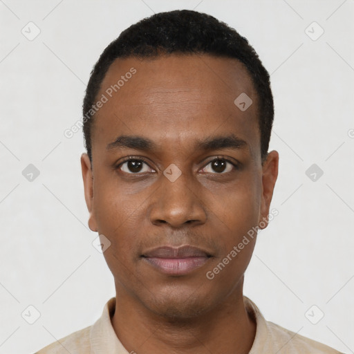 Neutral black young-adult male with short  black hair and brown eyes