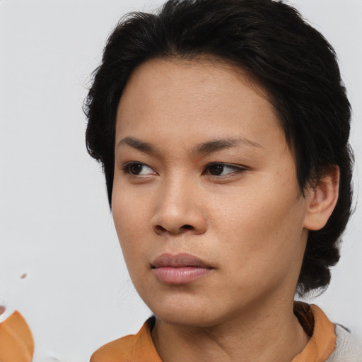 Neutral asian young-adult female with short  brown hair and brown eyes