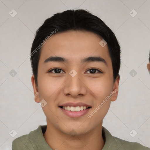 Joyful asian young-adult male with short  black hair and brown eyes