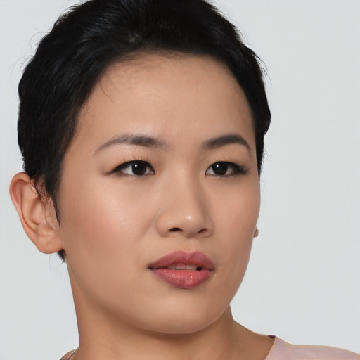 Neutral asian young-adult female with short  black hair and brown eyes