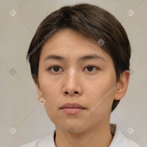 Neutral white young-adult female with short  brown hair and brown eyes
