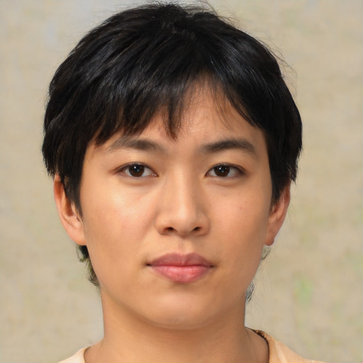 Neutral asian young-adult female with short  brown hair and brown eyes