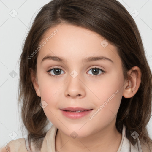 Joyful white child female with medium  brown hair and brown eyes