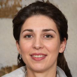 Joyful white adult female with medium  brown hair and brown eyes