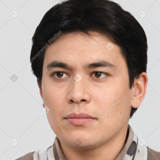Neutral white young-adult male with short  black hair and brown eyes