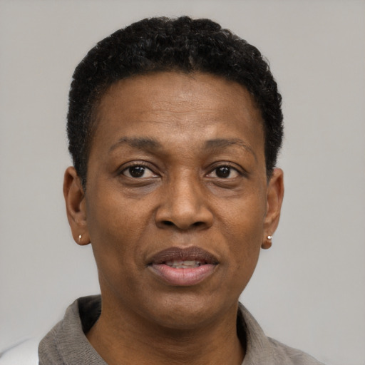 Joyful black adult female with short  brown hair and brown eyes