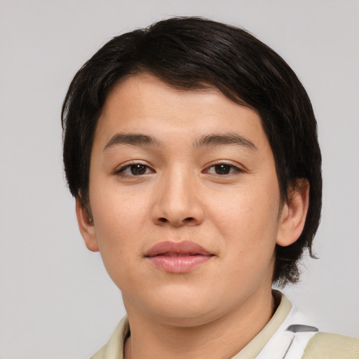 Neutral asian young-adult female with medium  brown hair and brown eyes