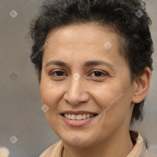 Joyful white adult female with short  brown hair and brown eyes