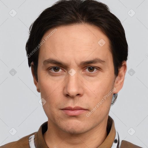 Neutral white adult male with short  brown hair and brown eyes