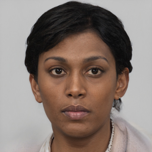 Neutral black young-adult female with short  black hair and brown eyes