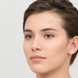 Neutral white young-adult female with short  brown hair and brown eyes