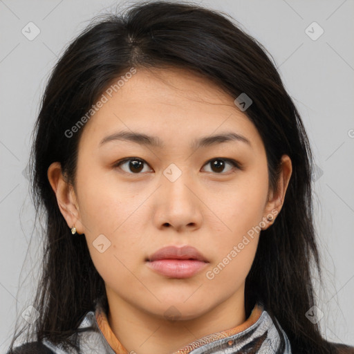 Neutral asian young-adult female with medium  brown hair and brown eyes