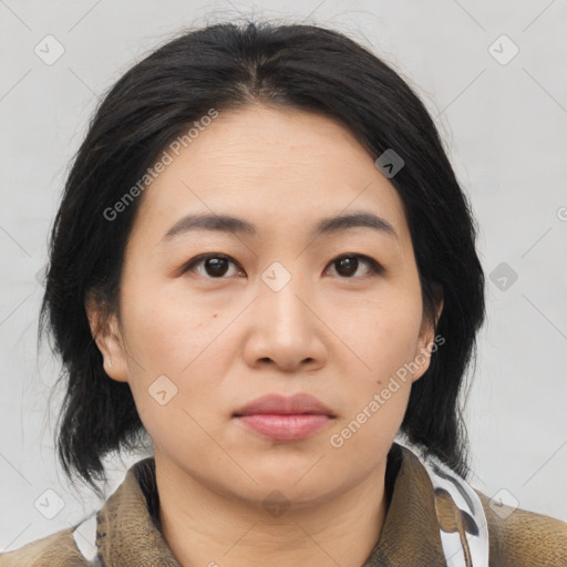 Neutral asian young-adult female with medium  black hair and brown eyes