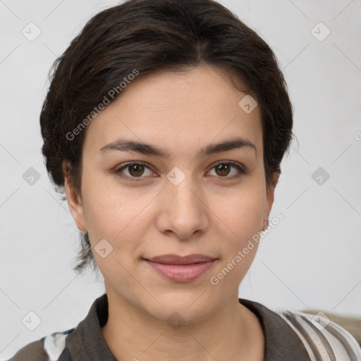 Joyful white young-adult female with medium  brown hair and grey eyes