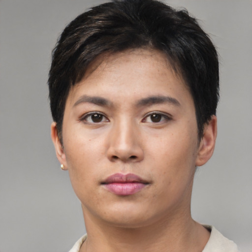 Neutral asian young-adult female with short  black hair and brown eyes
