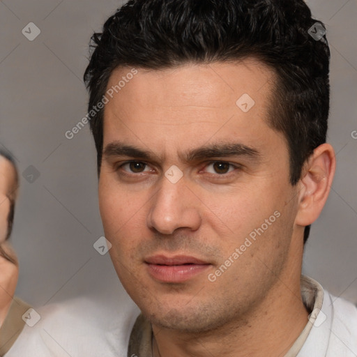 Neutral white young-adult male with short  brown hair and brown eyes