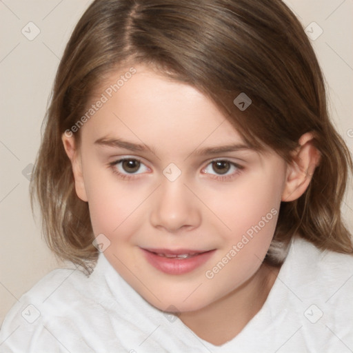 Joyful white child female with medium  brown hair and brown eyes