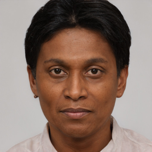 Joyful black adult male with short  black hair and brown eyes