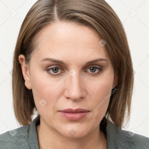 Neutral white young-adult female with medium  brown hair and grey eyes