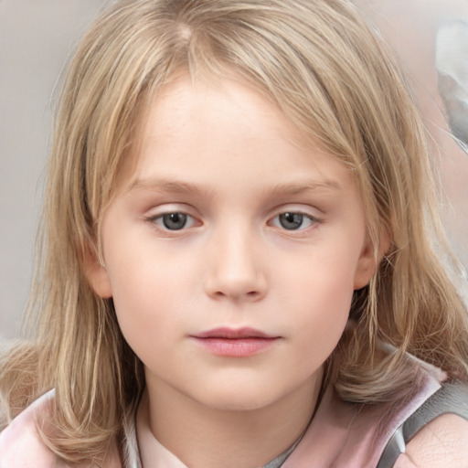 Neutral white child female with medium  brown hair and grey eyes