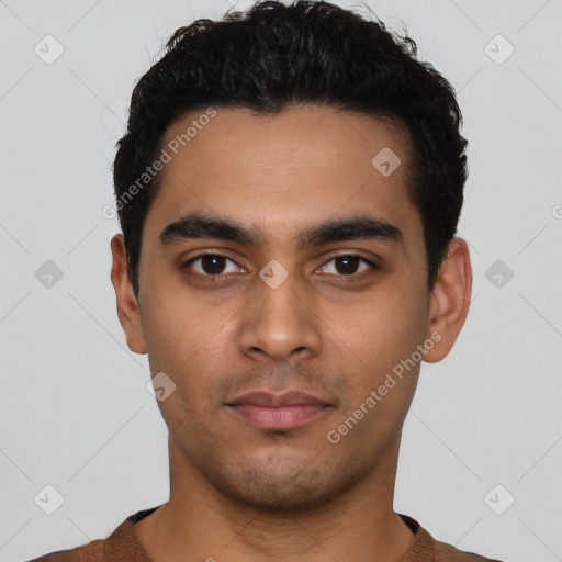 Neutral latino young-adult male with short  black hair and brown eyes