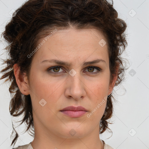 Joyful white young-adult female with medium  brown hair and green eyes