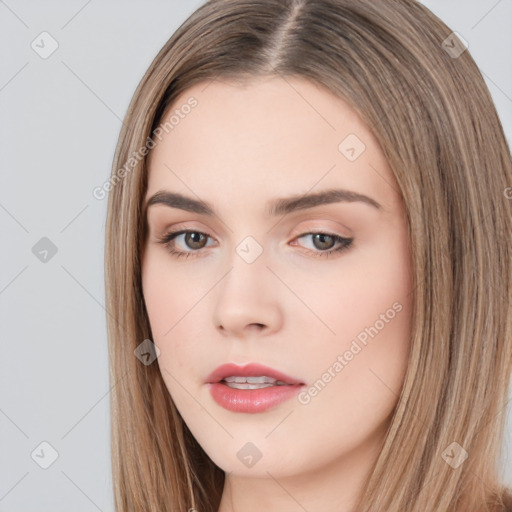 Neutral white young-adult female with long  brown hair and brown eyes