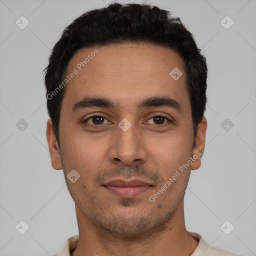 Neutral latino young-adult male with short  black hair and brown eyes