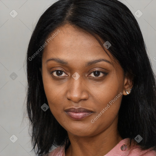 Joyful asian young-adult female with medium  black hair and brown eyes