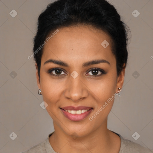 Joyful latino young-adult female with short  brown hair and brown eyes