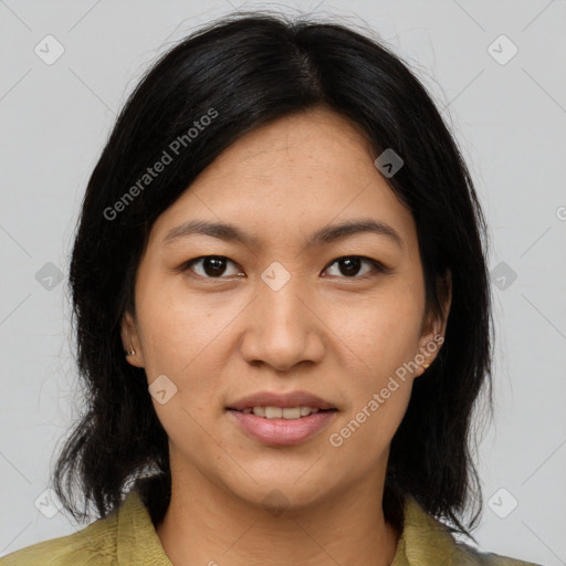 Joyful asian young-adult female with medium  brown hair and brown eyes