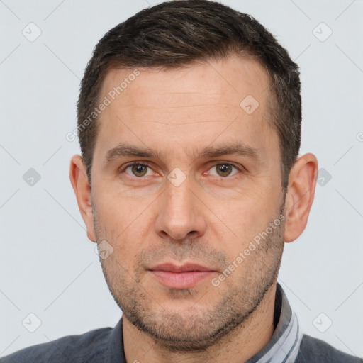 Neutral white adult male with short  brown hair and brown eyes