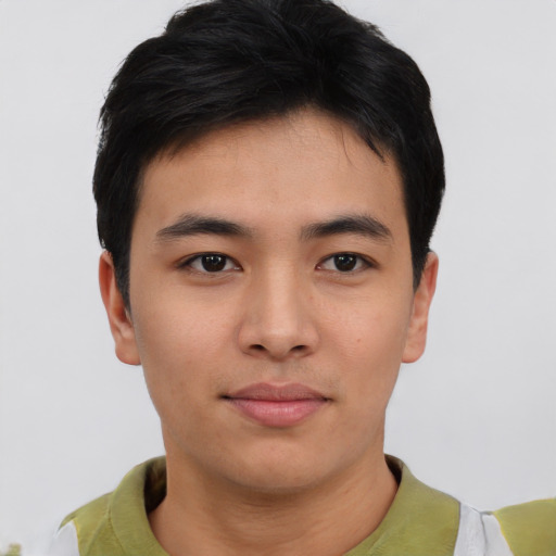 Neutral asian young-adult male with short  brown hair and brown eyes